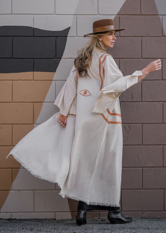 WARRIOR EYE Hand-Painted Linen Kimono⎪Natural Linen Coral