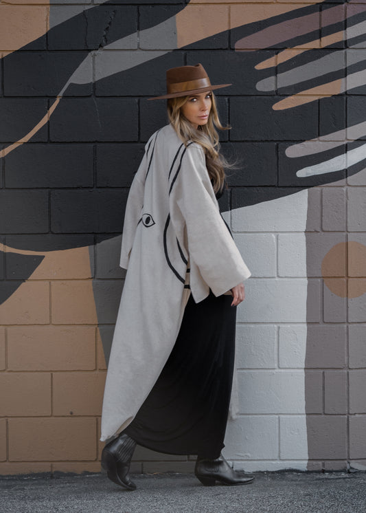 WARRIOR EYE Hand-Painted Linen Kimono⎪Natural Linen Black