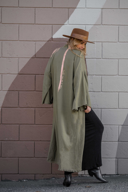 TAKE ME AS I AM Hand-Painted Linen Kimono⎪Olive Blush