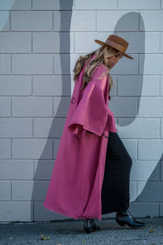 WARRIOR EYE Hand-Painted Linen Kimono⎪Raspberry Sorbet