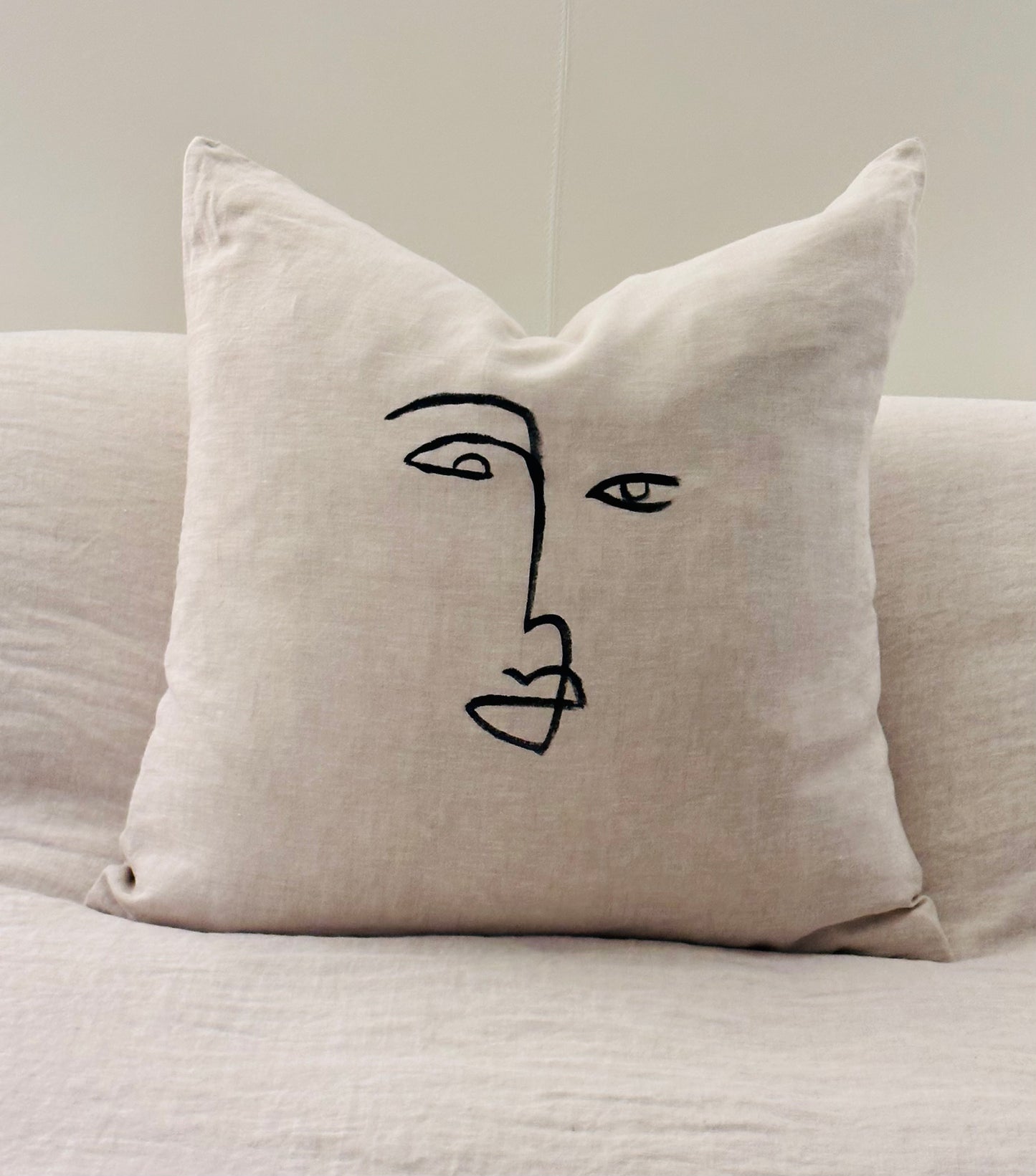 ABSTRACT FACE Hand-Painted Linen Throw Pillow Cover ⎮ Natural Tan Black