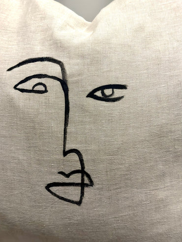 ABSTRACT FACE Hand-Painted Linen Throw Pillow Cover ⎮ Natural Tan Black