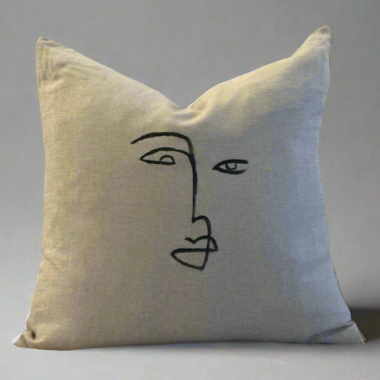 ABSTRACT FACE Hand-Painted Linen Throw Pillow Cover ⎮ Natural Tan Black