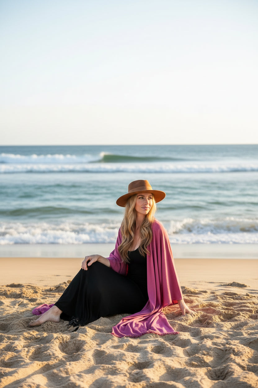 A girl on the beach wearing a maroon kimono