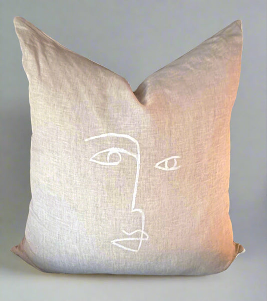 Abstract Face Hand-Painted Linen Throw Pillow Cover ⎮ Natural Tan White