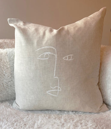 Abstract Face Hand-Painted Linen Throw Pillow Cover ⎮ Natural Tan White