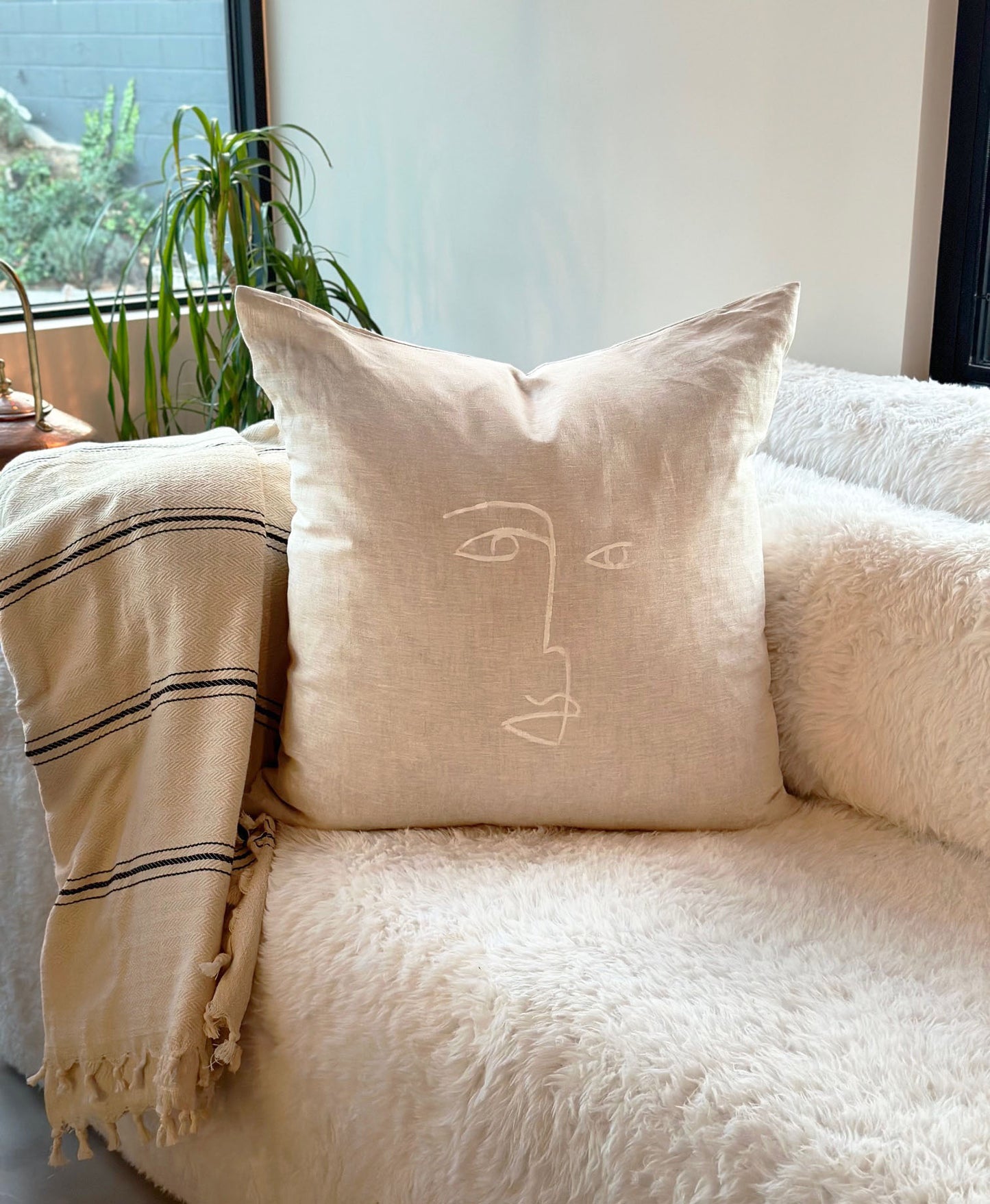 Abstract Face Hand-Painted Linen Throw Pillow Cover ⎮ Natural Tan White