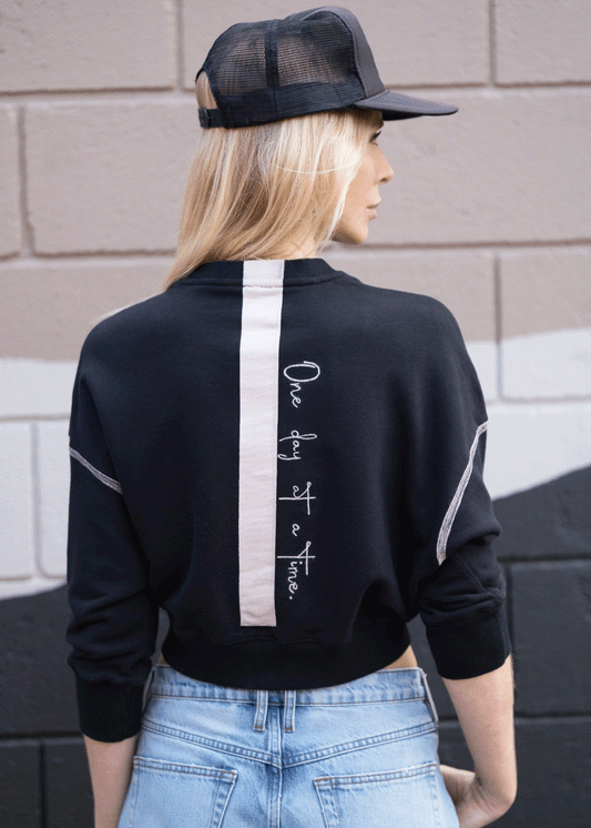 ONE DAY AT A TIME Hand-Painted Cropped Sweatshirt - Black