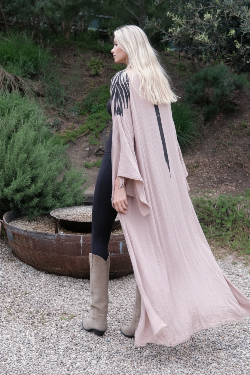 Person wearing a long, light-colored kimono with black accents outdoors.