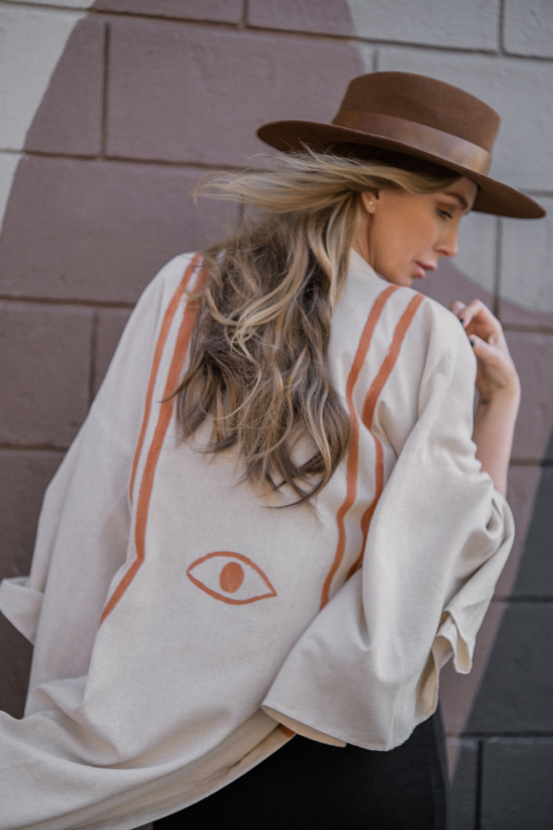 WARRIOR EYE Hand-Painted Linen Kimono⎪Natural Linen Coral