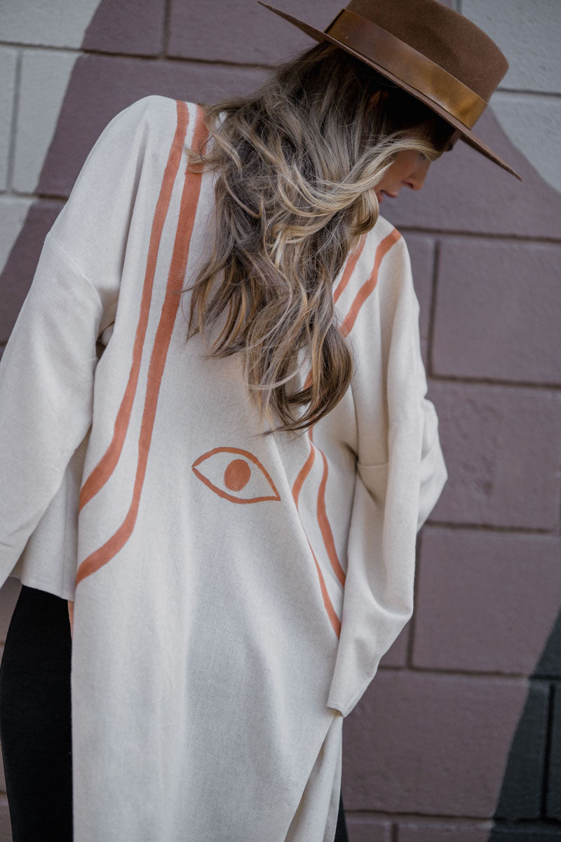 WARRIOR EYE Hand-Painted Linen Kimono⎪Natural Linen Coral