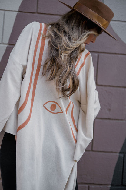 WARRIOR EYE Hand-Painted Linen Kimono⎪Natural Linen Coral