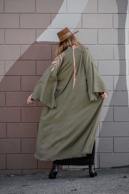 TAKE ME AS I AM Hand-Painted Linen Kimono⎪Olive Blush