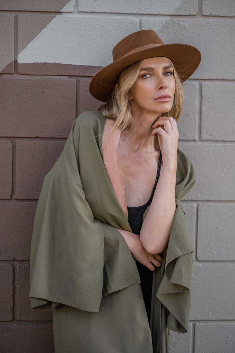 TAKE ME AS I AM Hand-Painted Linen Kimono⎪Olive Blush