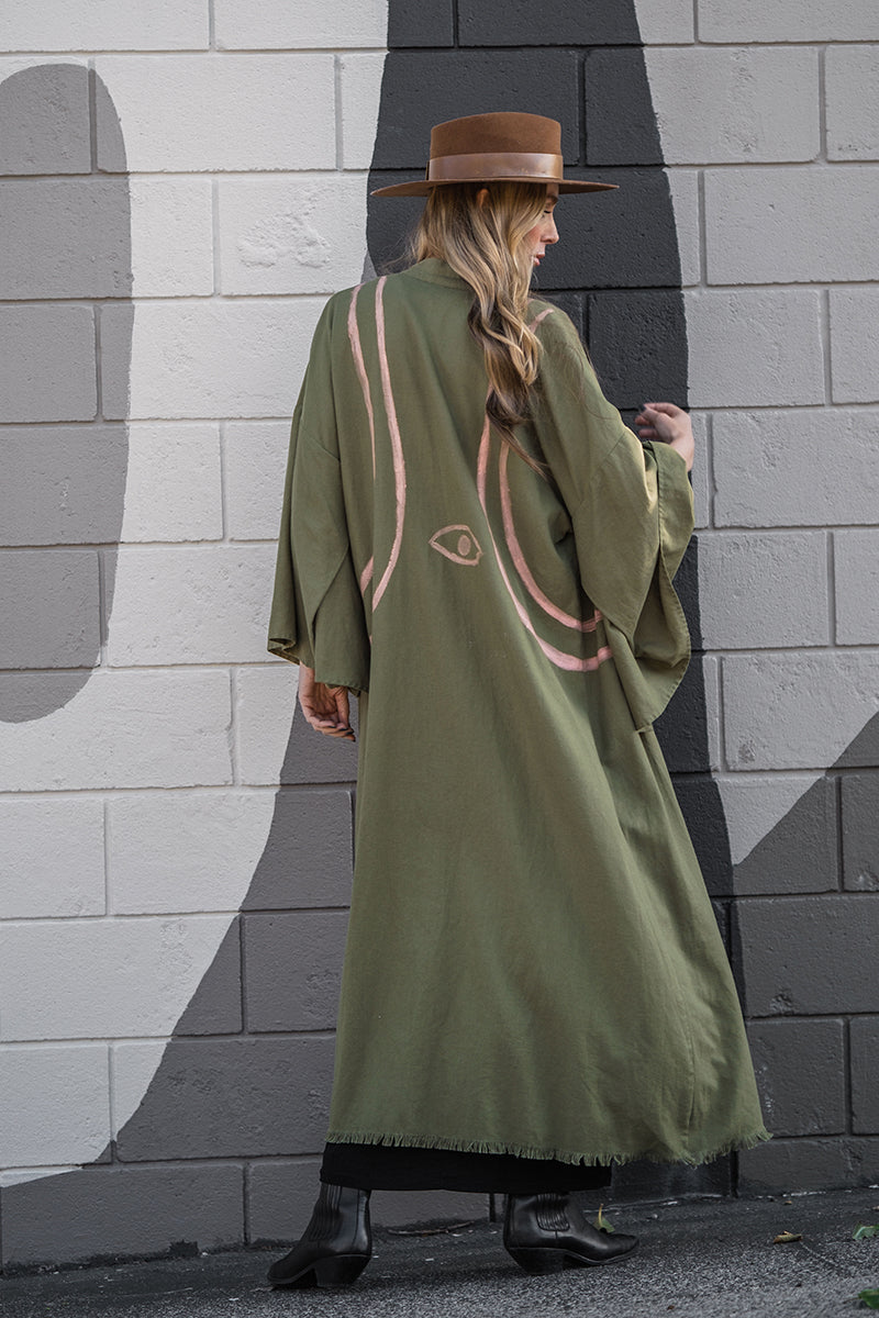 WARRIOR EYE Hand-Painted Linen Kimono⎪Olive Blush