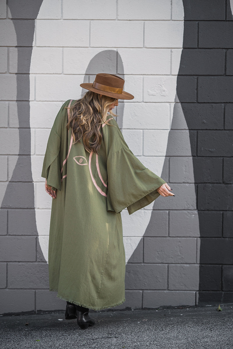 WARRIOR EYE Hand-Painted Linen Kimono⎪Olive Blush