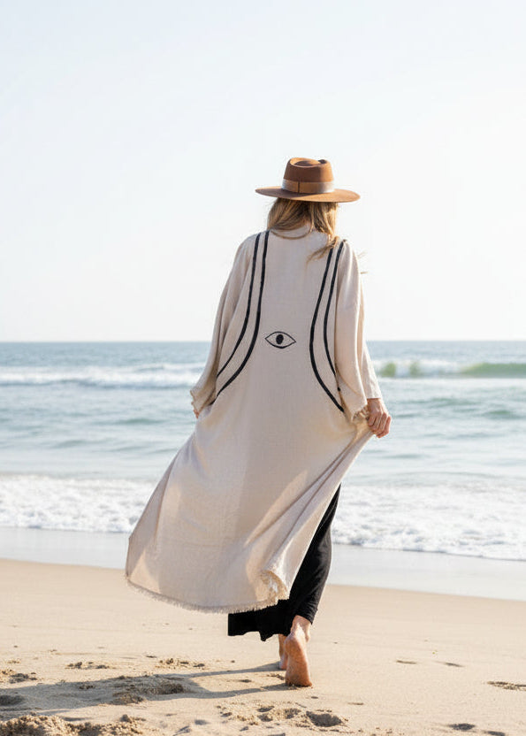 WARRIOR EYE Hand-Painted Kimono - Natural Linen