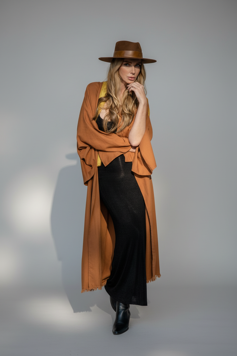 Woman wearing a long chestnut colored breezy kimono left opened as a layering piece over a black dress and fedora hat.