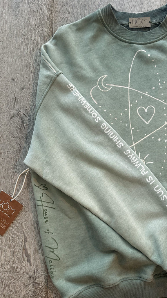 Malibu Sage garment dyed sweatshirt laying flat showing close up of hand-painted details 