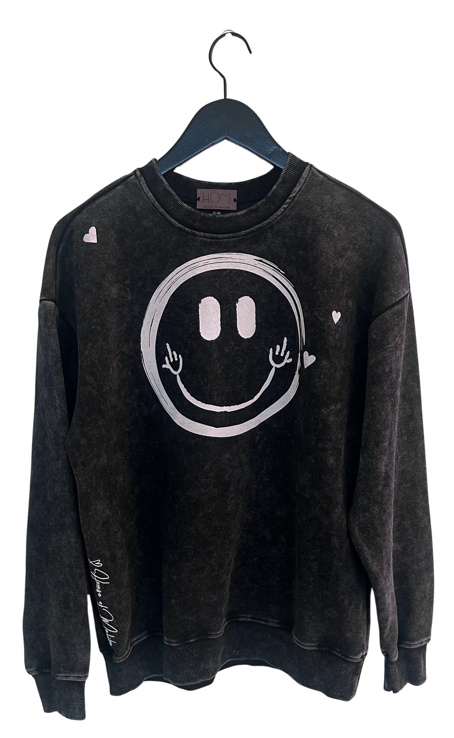 Front Photo of Washed Onyx Black Sweatshirt with Smiley Face and Hearts