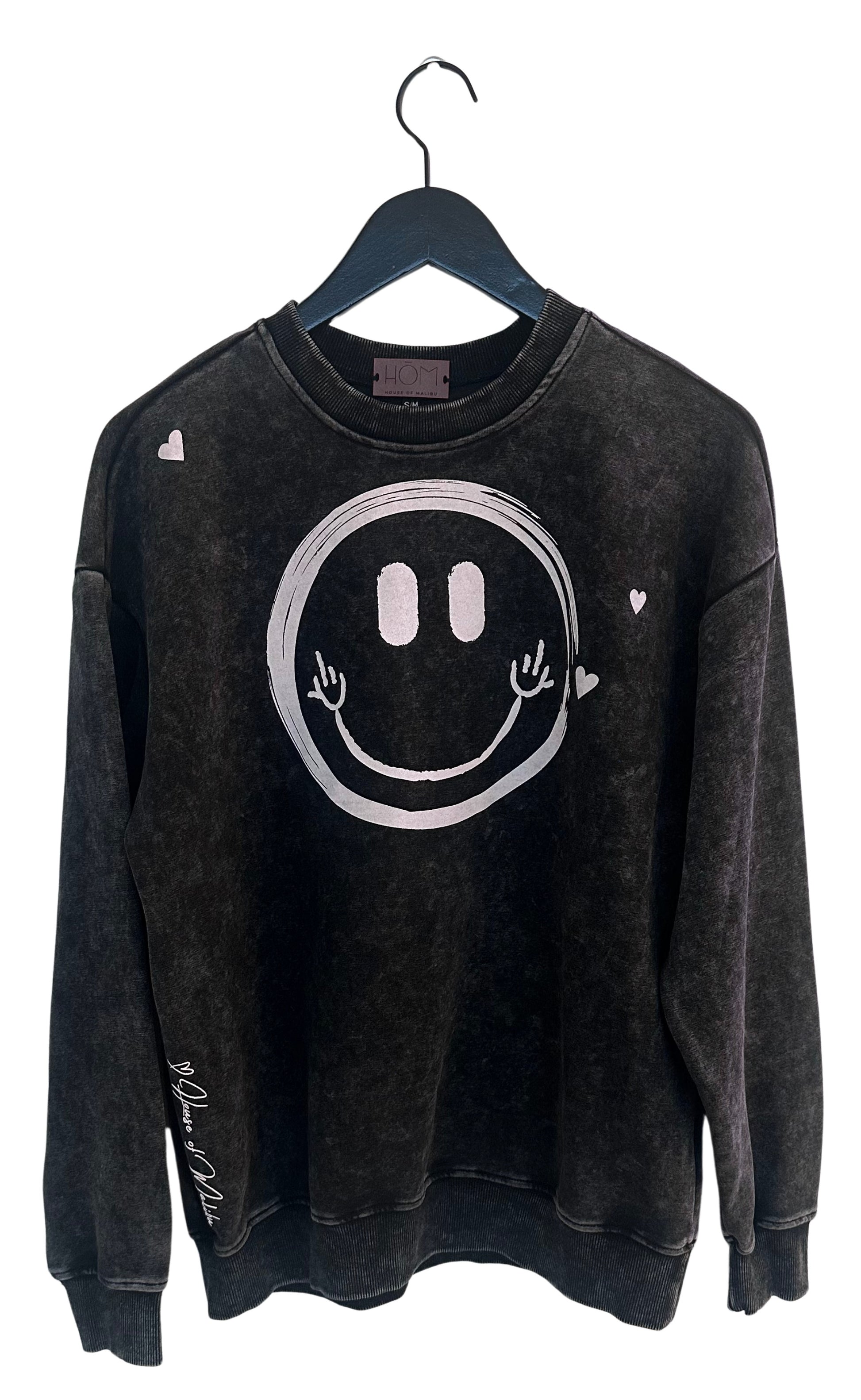 Front Photo of Washed Onyx Black Sweatshirt with Smiley Face and Hearts