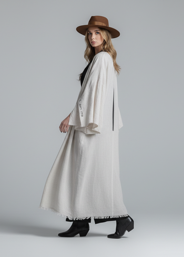 Woman in a long natural linen kimono with lsleev e detail ahndwriting quote "i am me" 