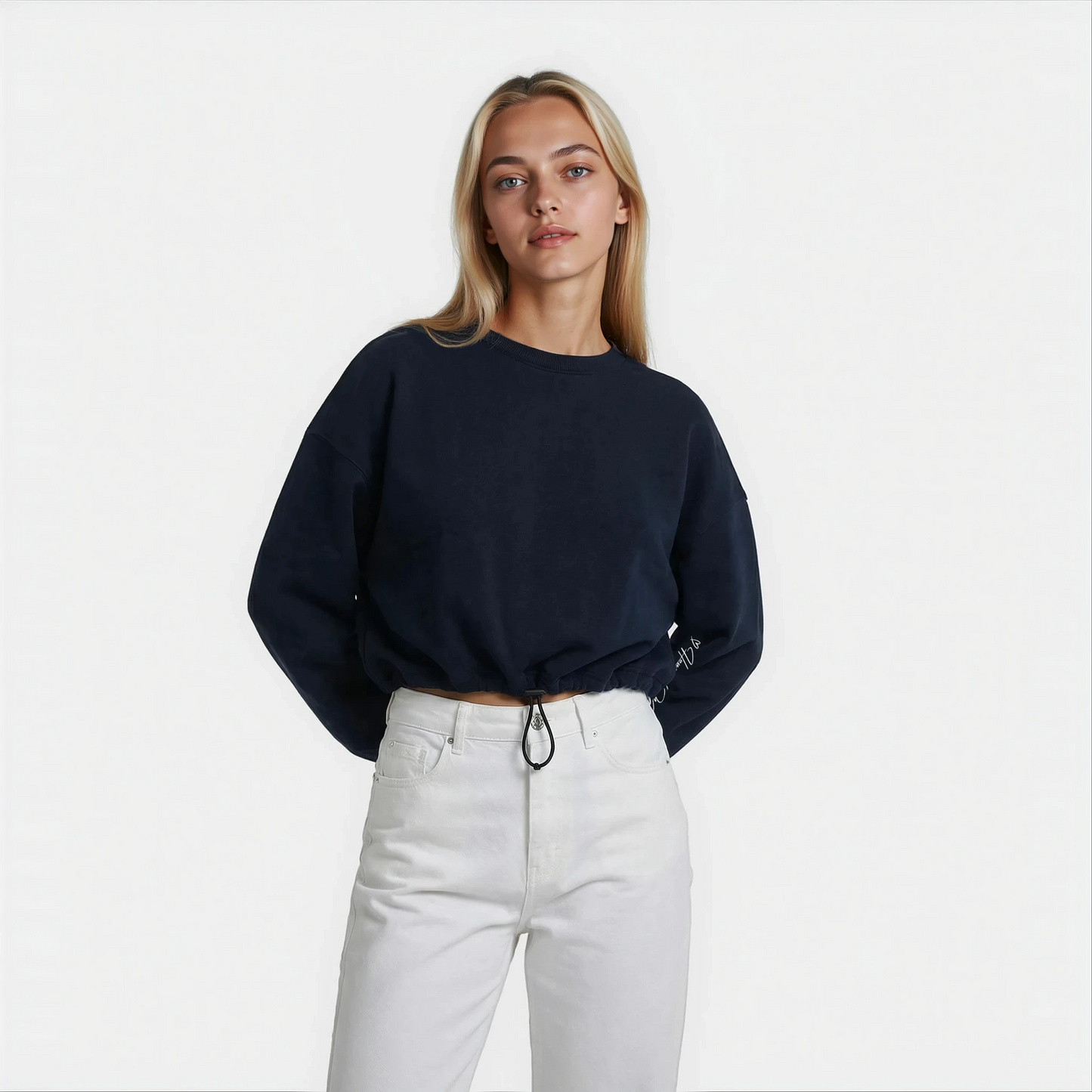 Front view close up of a House of Malibu original sweatshirt design which is cropped in length and has a front tie drawstring and painted art.