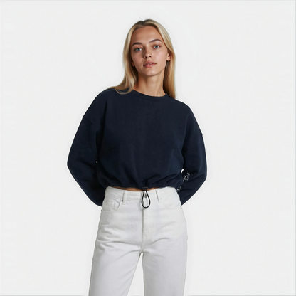 Front view close up of a House of Malibu original sweatshirt design which is cropped in length and has a front tie drawstring and painted art.