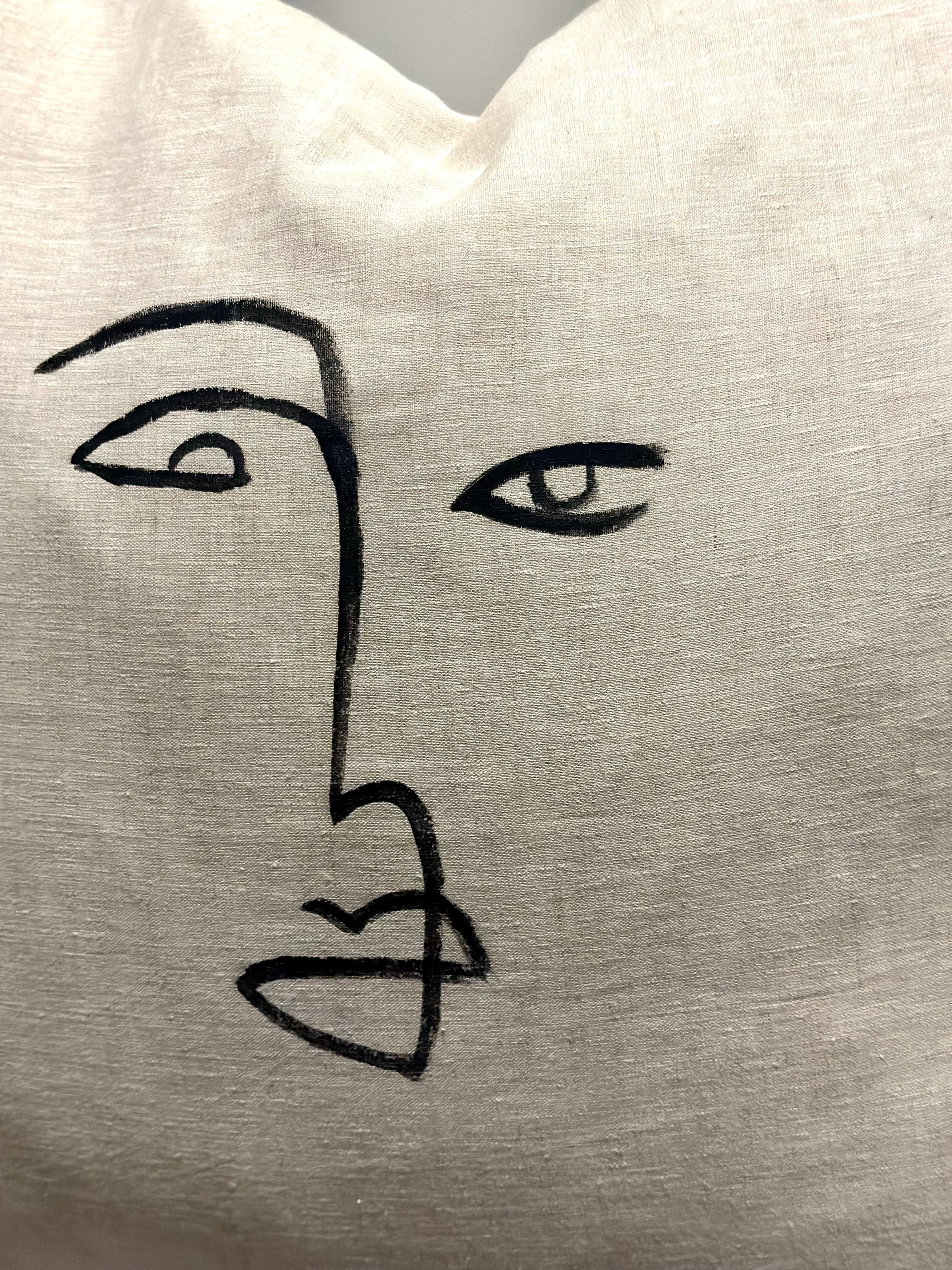 ABSTRACT FACE Hand Painted Linen Throw Pillow Cover Natural Tan Black