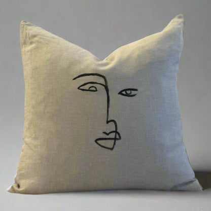 ABSTRACT FACE Hand-Painted Linen Throw Pillow Cover ⎮ Natural Tan Black