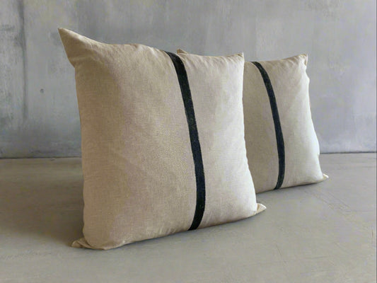 BOLD Stripe Hand-Painted Linen Throw Pillow Cover ⎮ Natural Tan Black