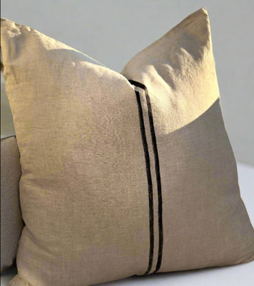 Dual Stripe Hand-Painted Linen Throw Pillow Cover ⎮ Natural Tan Black