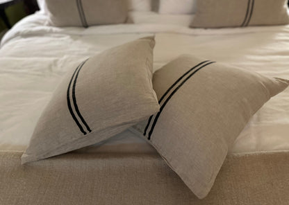 Dual Stripe Hand-Painted Linen Throw Pillow Cover ⎮ Natural Tan Black