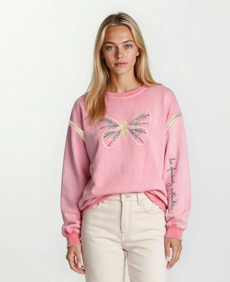Front view of House of Malibu hand-painted pink sweatshirt with butterfly design