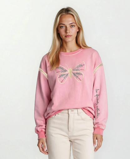 Front view of House of Malibu hand-painted pink sweatshirt with butterfly design