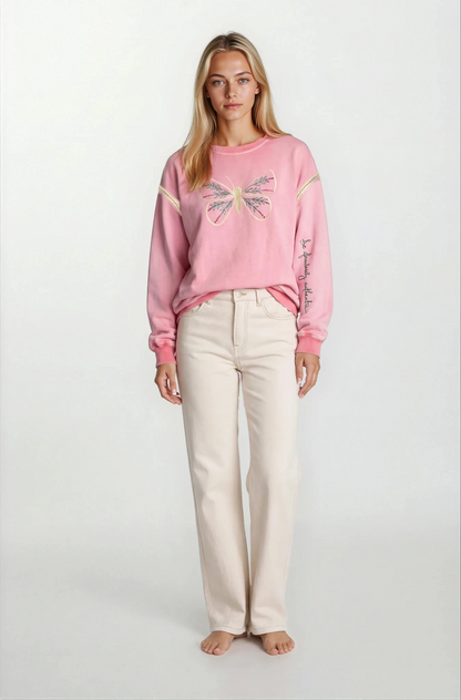 “Front view of House of Malibu hand-painted pink sweatshirt with butterfly design